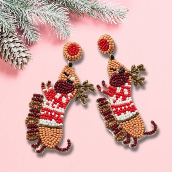 Dachshund Christmas Sweater Dog Pet Lovers Wiener Dog Seed Beaded Earrings - Picture 5 of 9